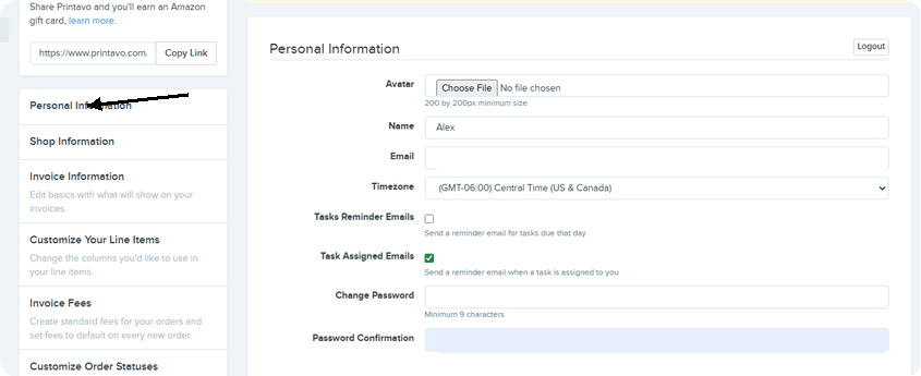 Open Personal Information in Printavo