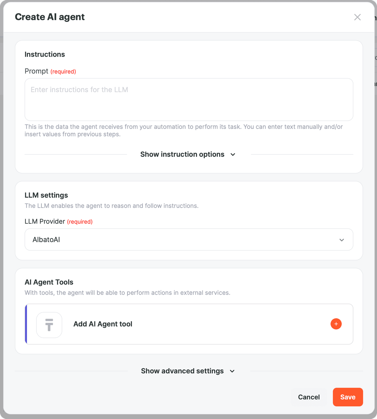 Create AI agent window: Instructions block with the Prompt field, LLM settings block with the LLM Provider field, and AI Agent Tools block with the Add AI Agent tool button