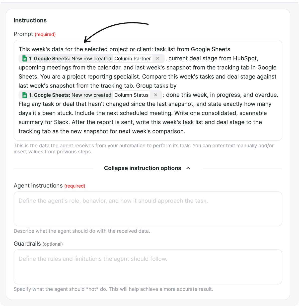 Instructions block: Prompt field with text and values inserted from Google Sheets, Agent instructions and Guardrails fields opened with Show instruction options