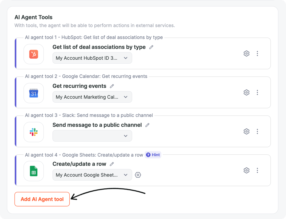 AI Agent Tools block with four tools added and the Add AI Agent tool button
