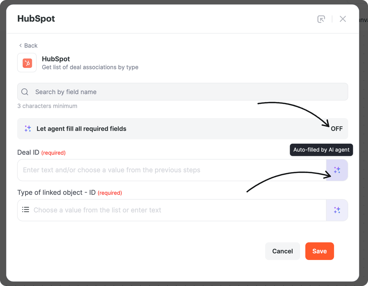HubSpot tool field mapping: Let agent fill all required fields is OFF, the sparkles button next to the Deal ID field shows the Auto-filled by AI agent tooltip