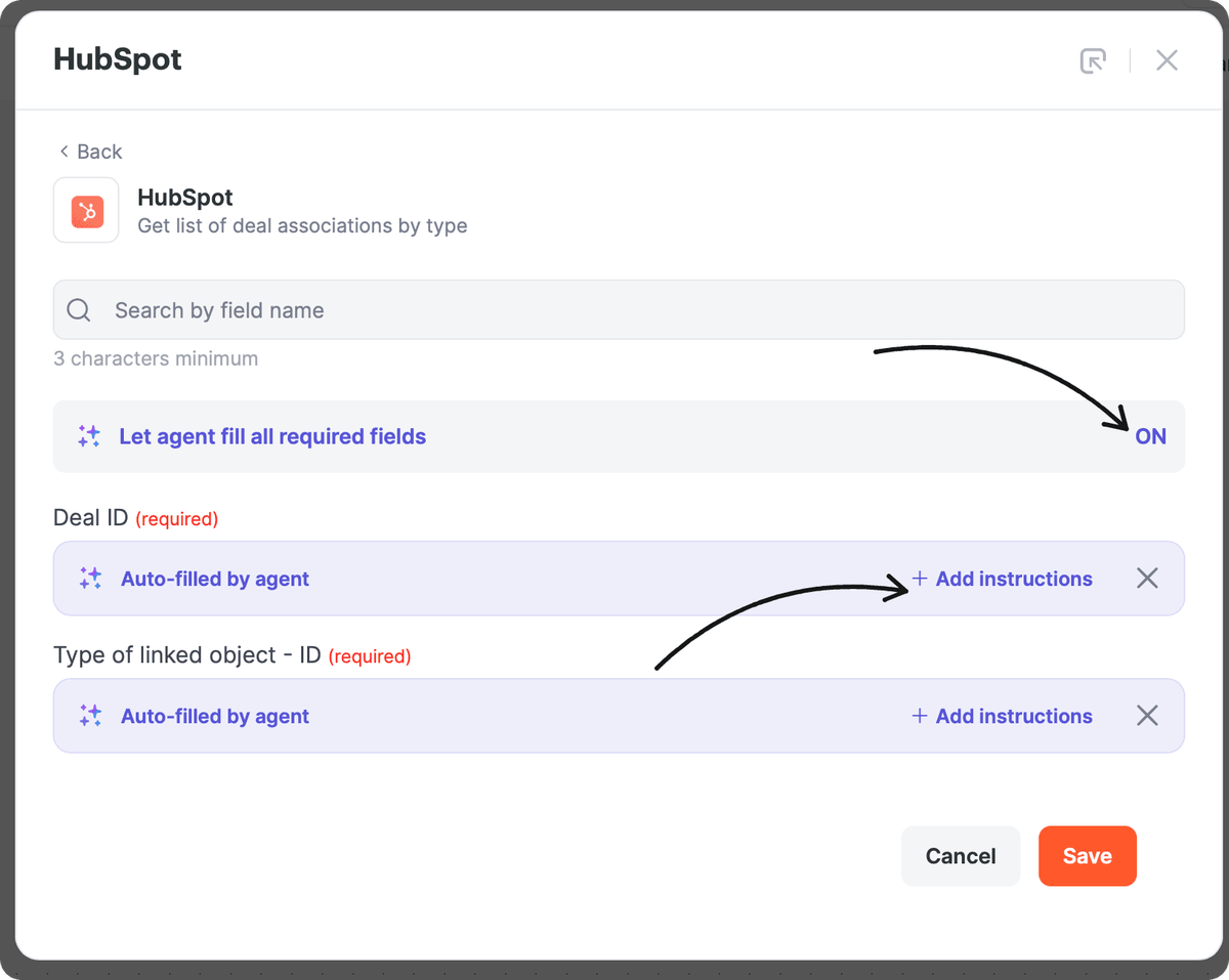 HubSpot tool field mapping: Let agent fill all required fields is ON, required fields are marked Auto-filled by agent with the + Add instructions button