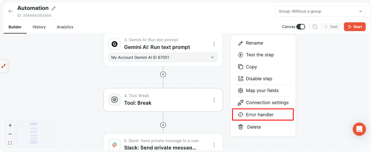 Select Error handler in the step menu