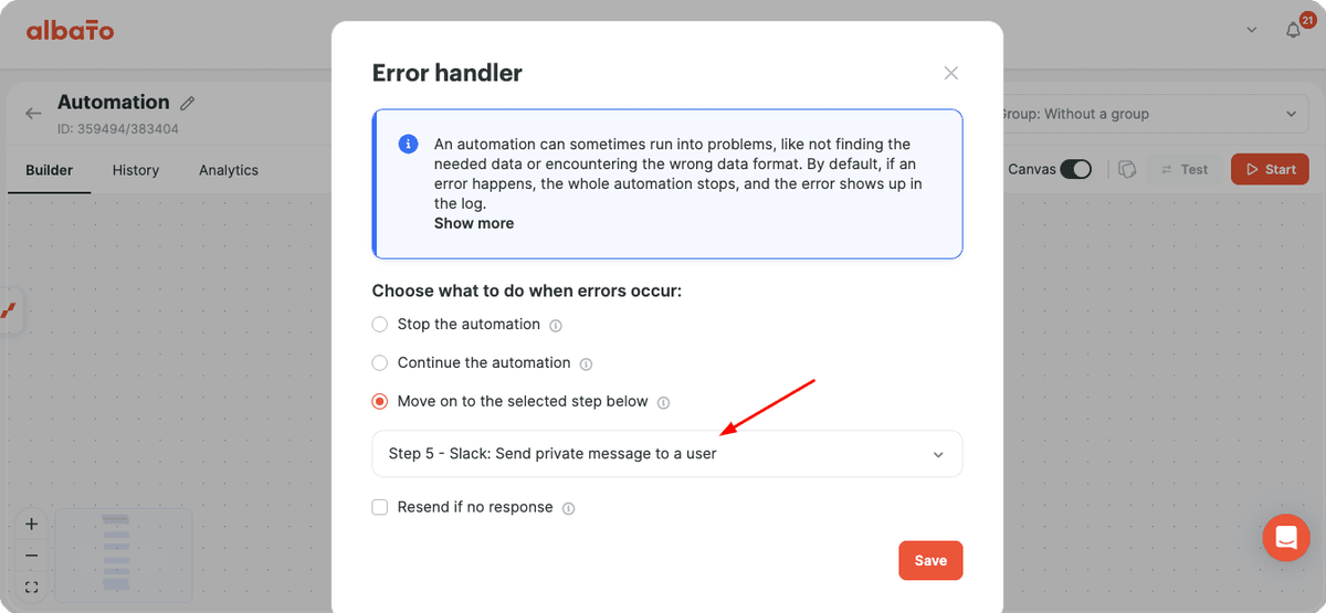 Redirect errors to the Slack alert step