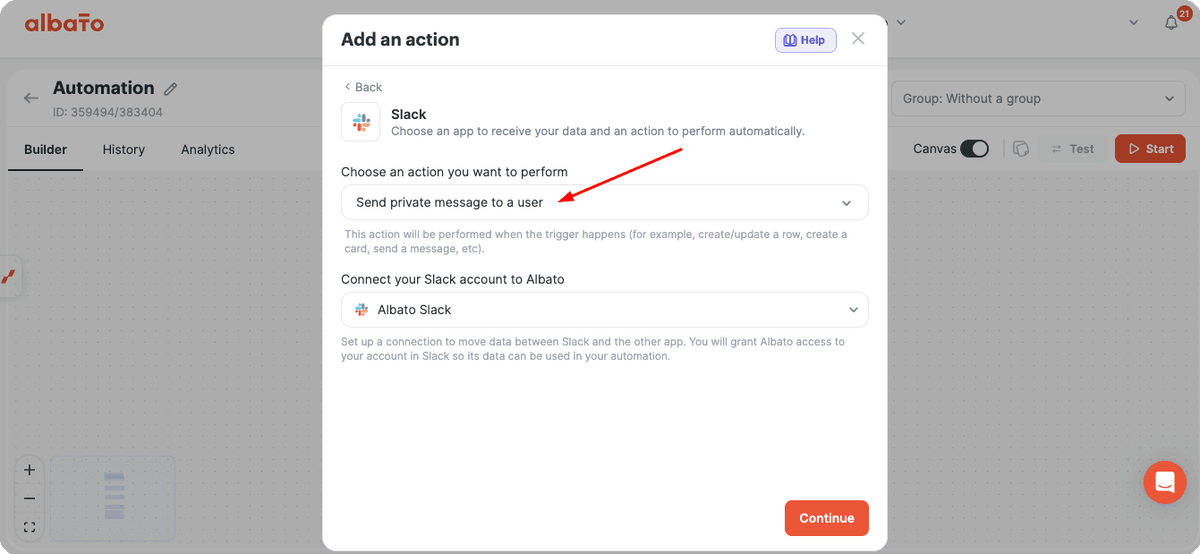 Select the Slack action for sending a private message