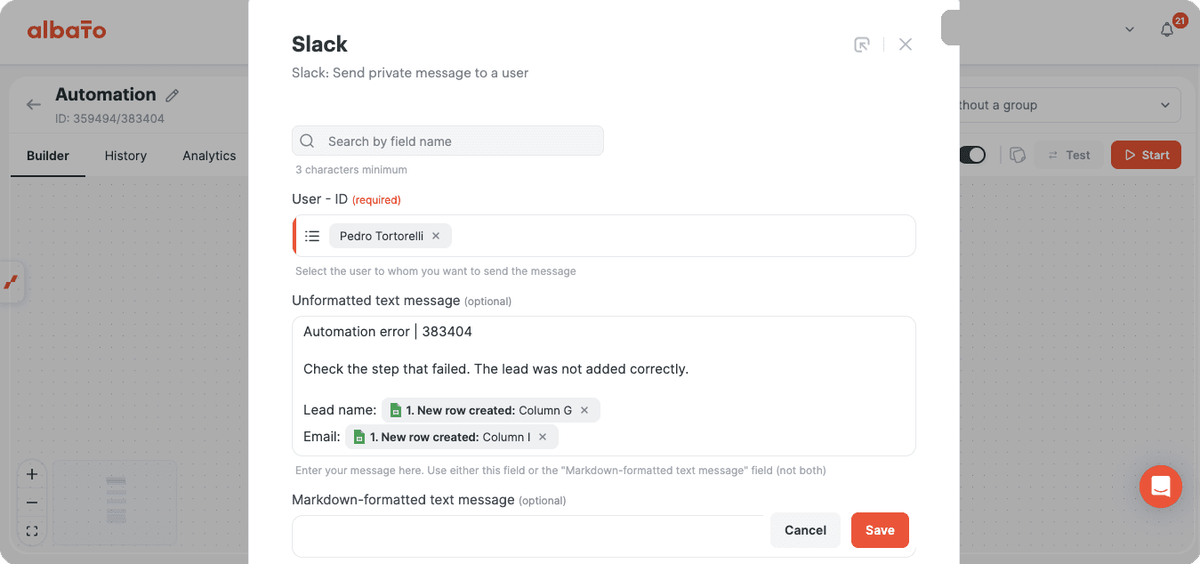 Slack message settings for a custom automation error alert