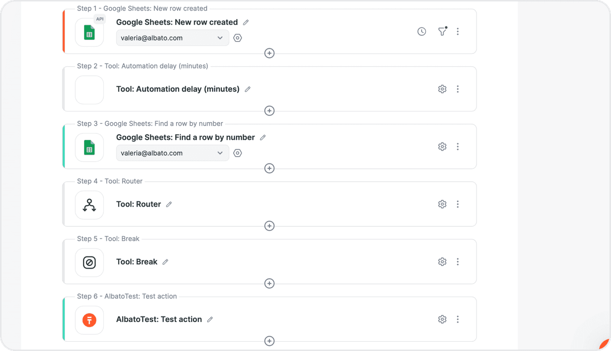 Automation flow with the Break tool added before the next Google Sheets step