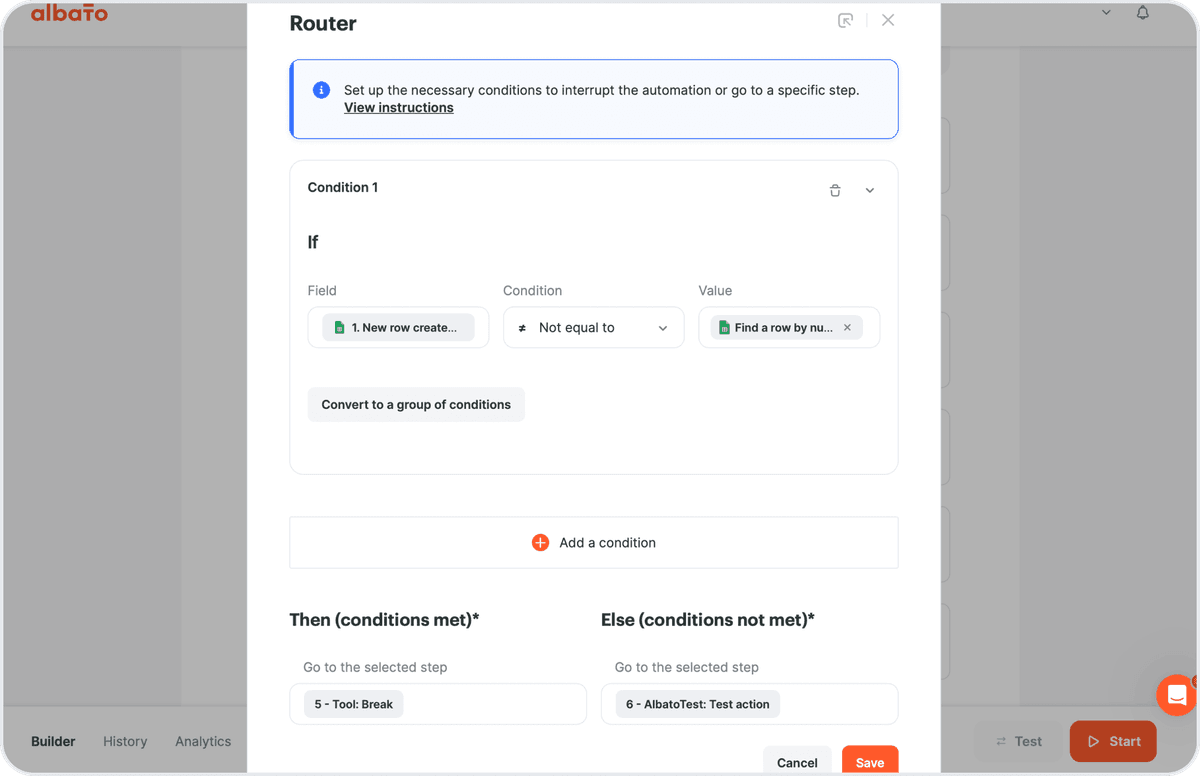Router condition settings for stopping or continuing the automation