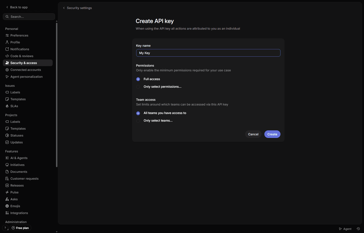 Configure the key name, permissions, and team access