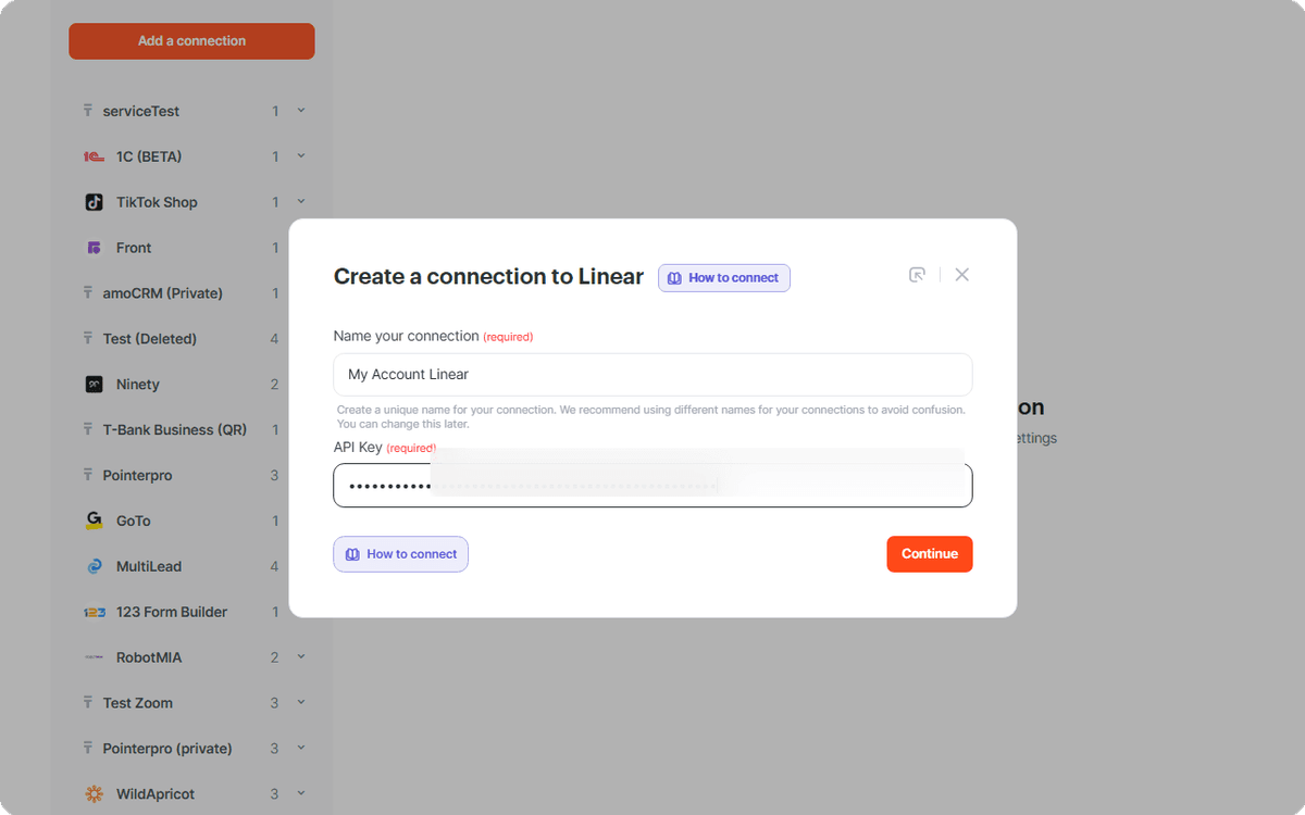 Enter the Linear API key in Albato