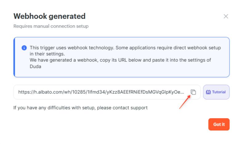 Copy the generated webhook URL