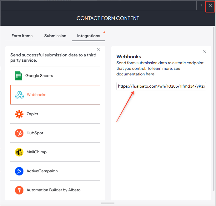 Paste the Albato webhook URL into Duda