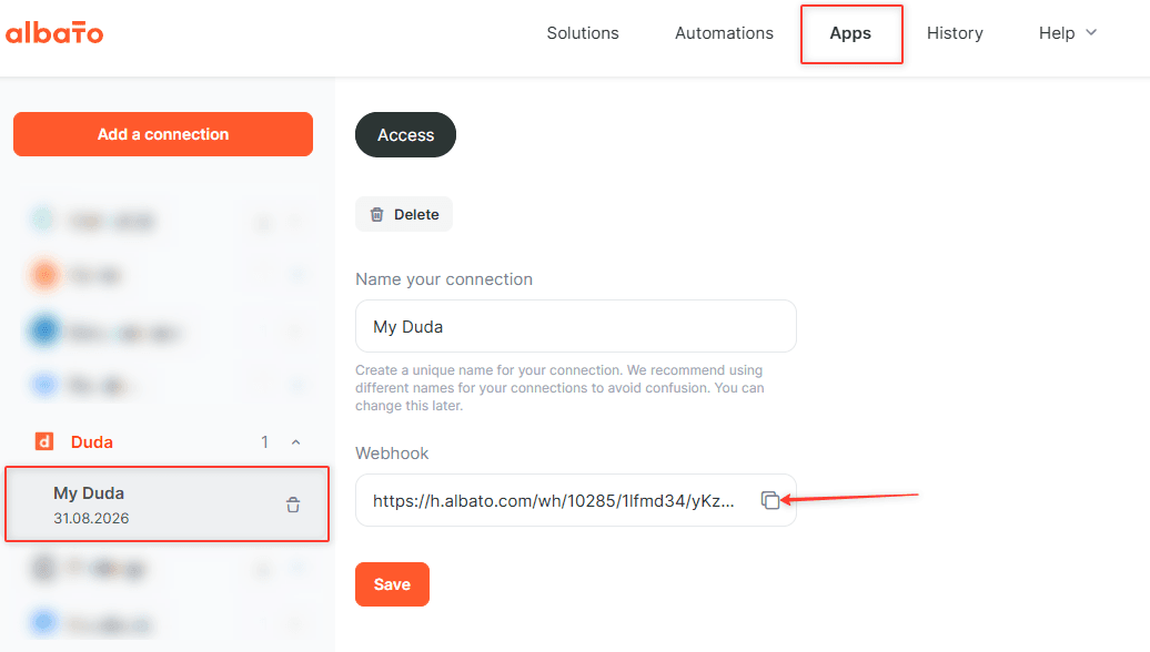 Find the webhook URL in the connection settings