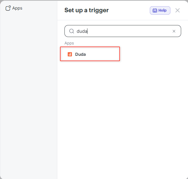 Select Duda as the trigger app