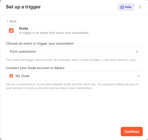 Select the Form submission event and connection