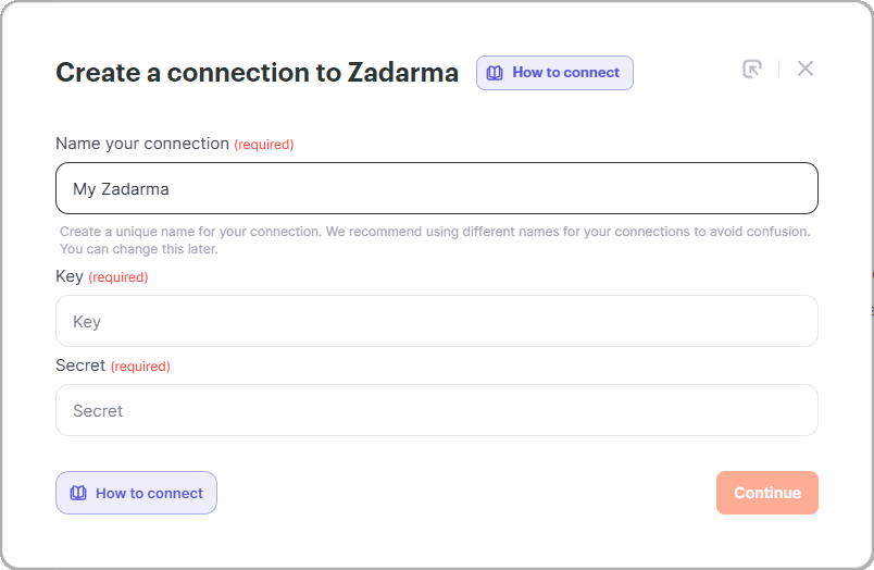 Zadarma connection settings in Albato