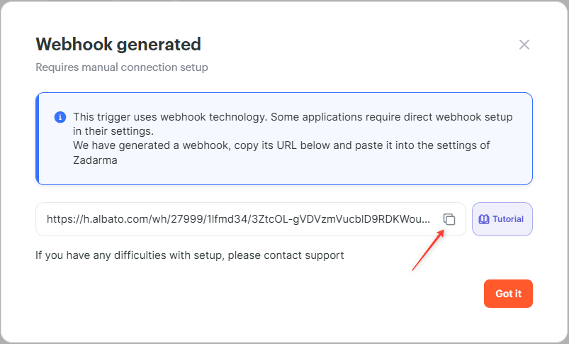 Copy Zadarma webhook URL in Albato