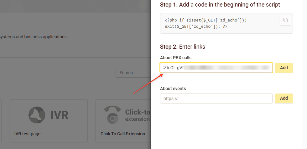 Add Zadarma webhook URL