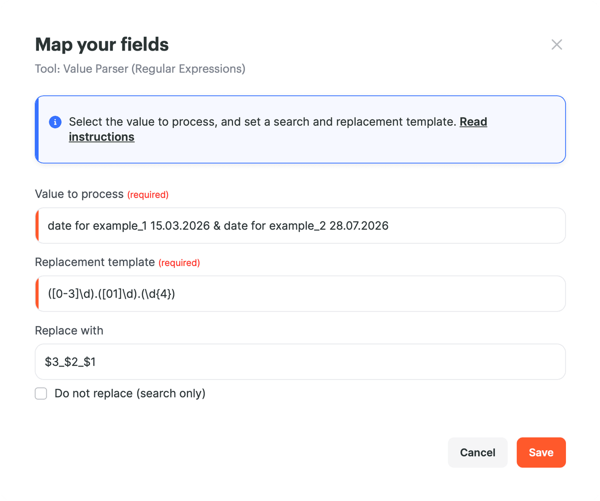 Configurações do Analisador de valores para converter formato de data