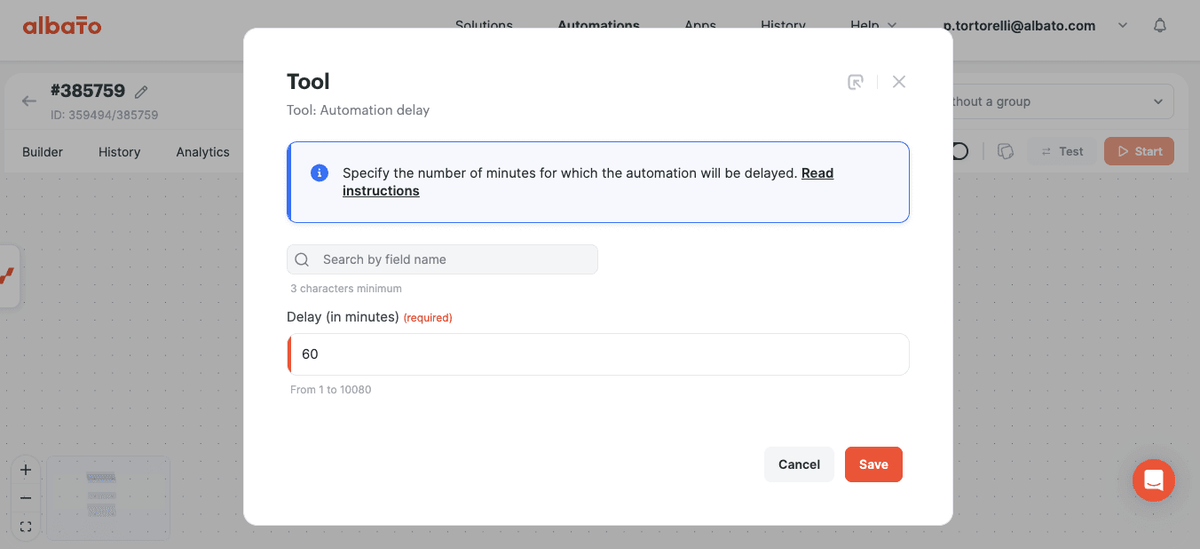 Setting a 60-minute delay in the Automation delay tool