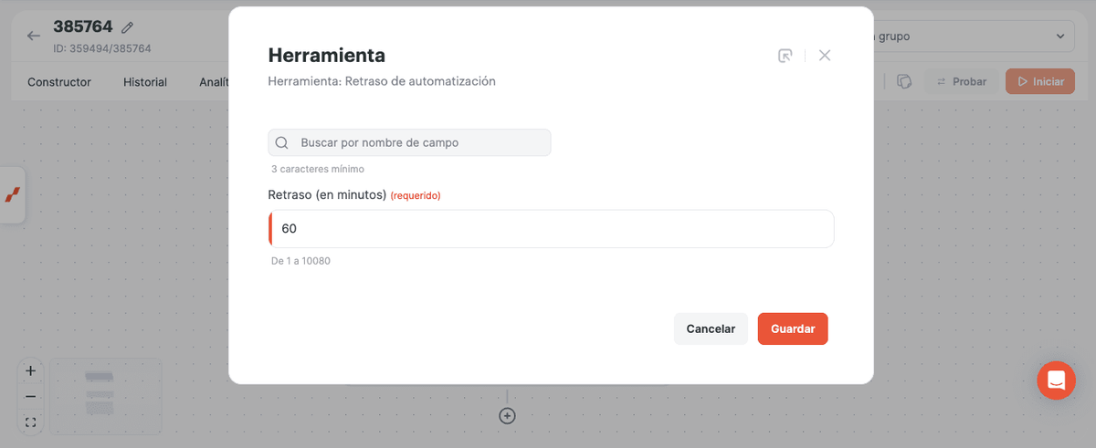 Configurando un retraso de 60 minutos en la herramienta Retraso de automatización