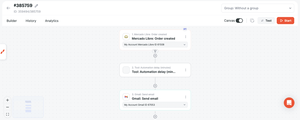 Automation with Mercado Libre trigger, Automation delay, and Gmail send email step