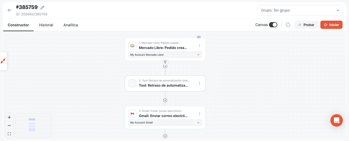 Automatización con disparador de Mercado Libre, Retraso de automatización y etapa de envío de correo por Gmail