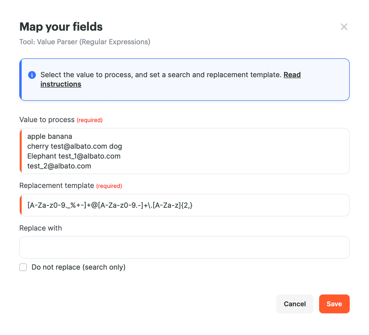 Configurações do Analisador de valores para extrair endereços de email