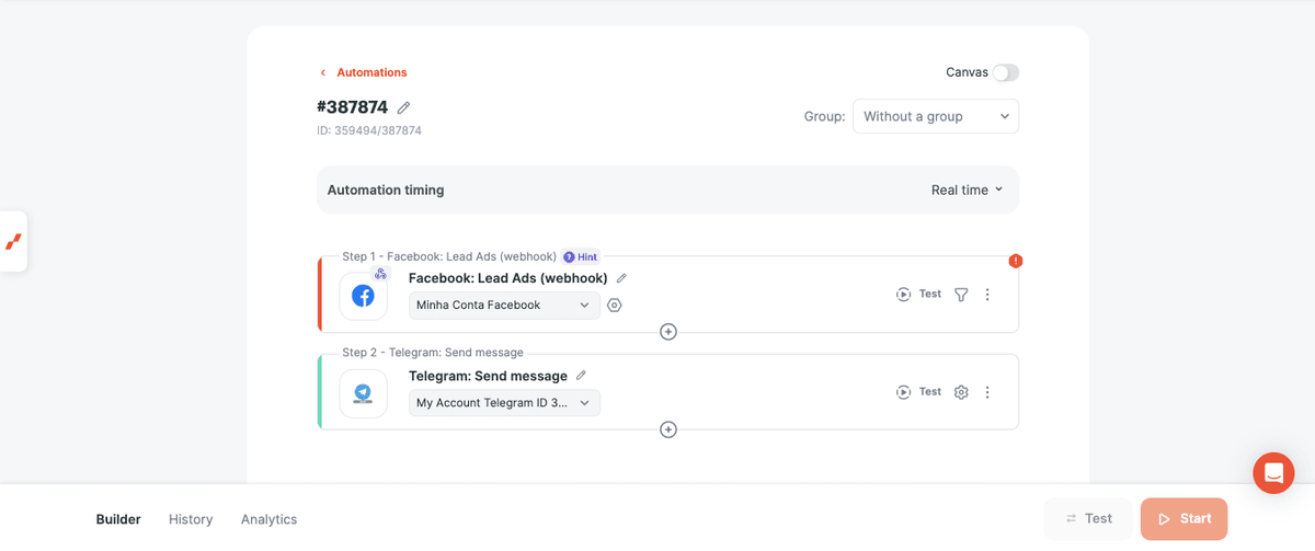 Facebook Lead Ads and Telegram automation before adding a delay