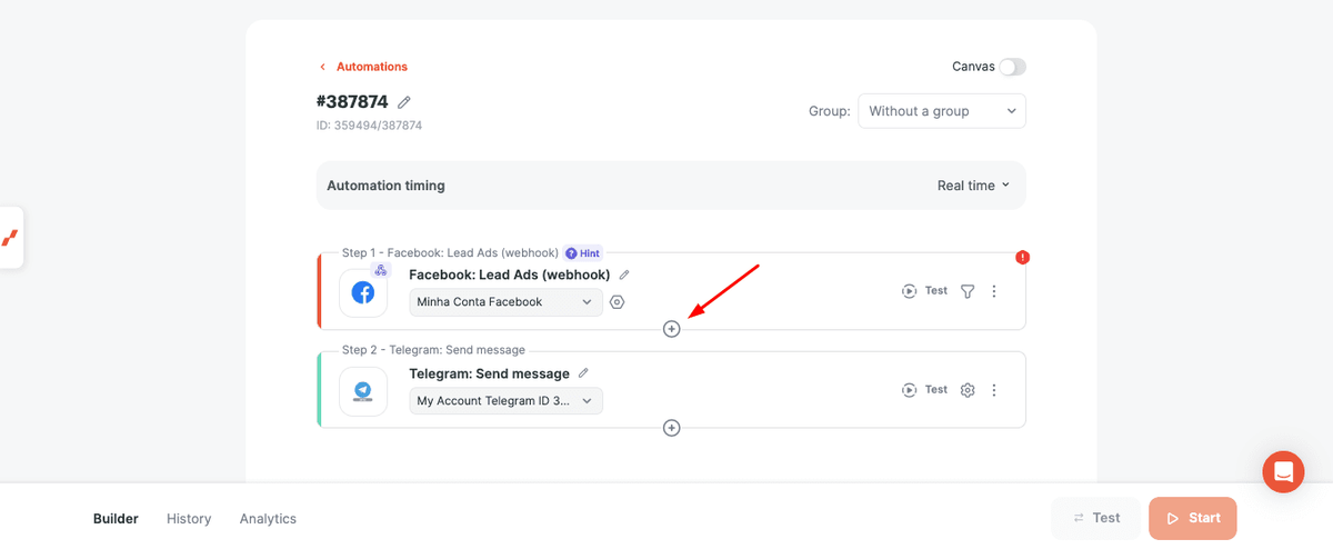 Add a step between Facebook Lead Ads and Telegram