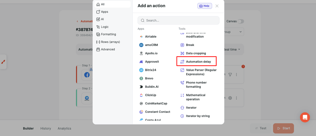 Select the Automation delay tool