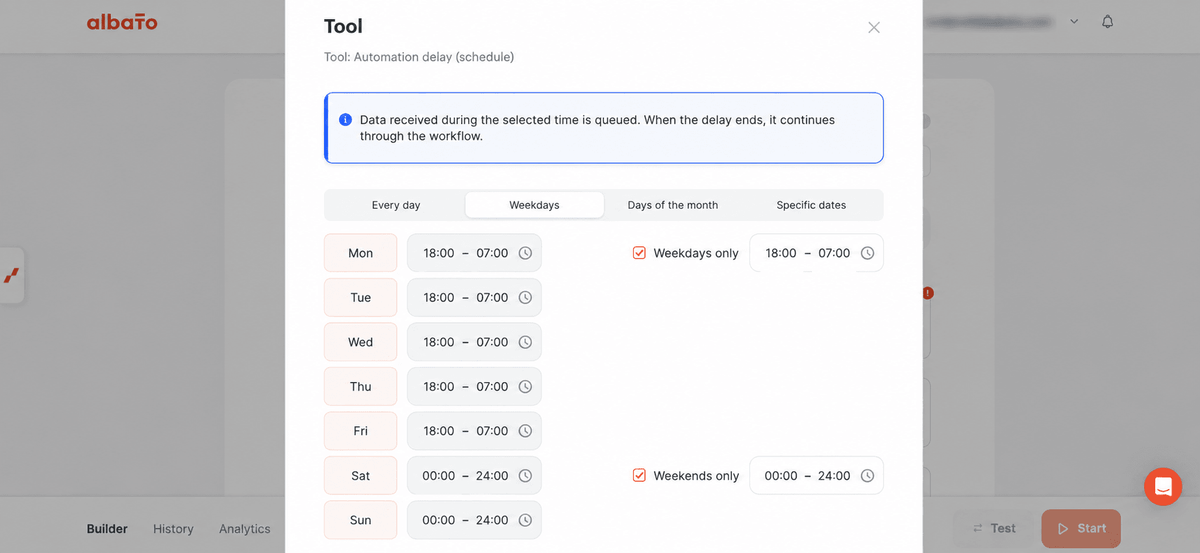 Waiting periods configured for weekdays and weekends