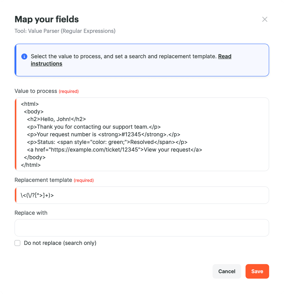 Configurações do Analisador de valores para remover apenas tags HTML
