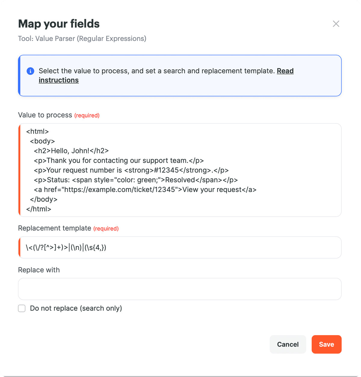 Configurações do Analisador de valores para remover tags HTML, quebras de linha e espaços extras