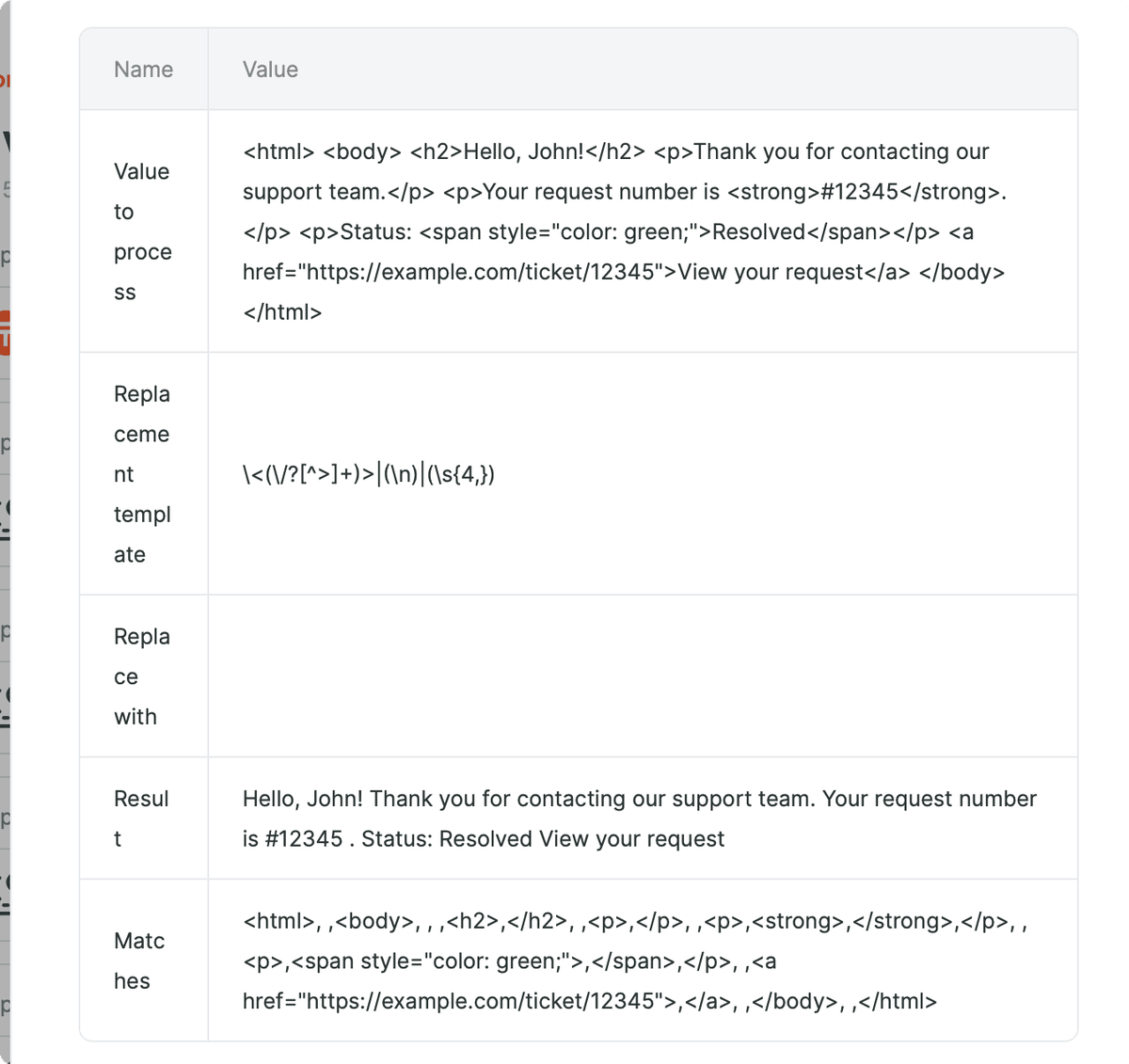 Resultado do teste do Analisador de valores para remover tags HTML, quebras de linha e espaços extras