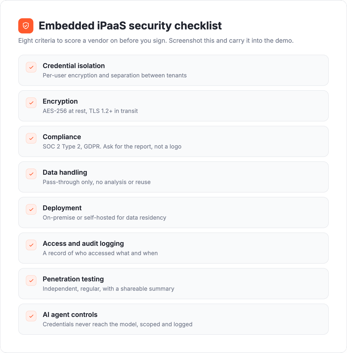 Embedded iPaaS security evaluation checklist: credential isolation, encryption, SOC 2 Type 2, GDPR, deployment, audit logging, penetration testing, and AI agent controls