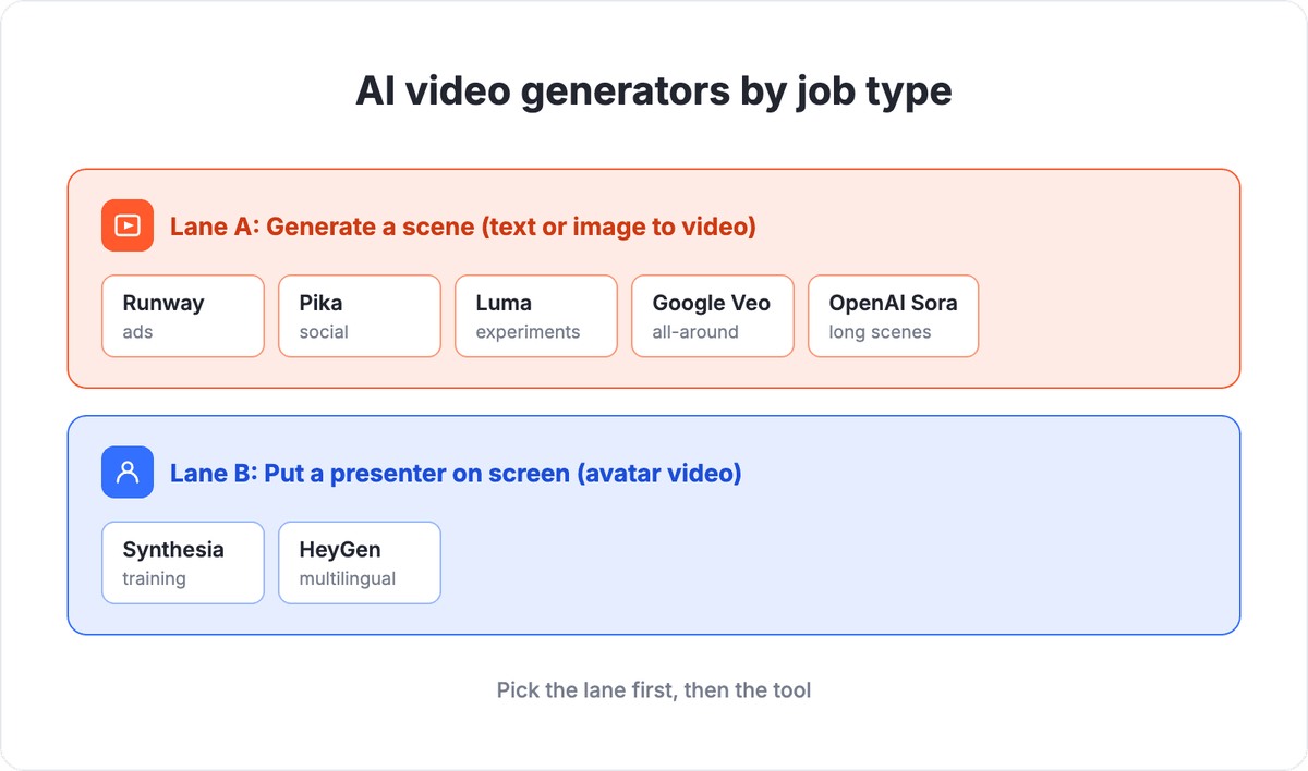 AI video generators by job: two-category split showing text-to-video tools (Runway, Pika, Luma, Google Veo, Sora) and avatar video tools (Synthesia, HeyGen)