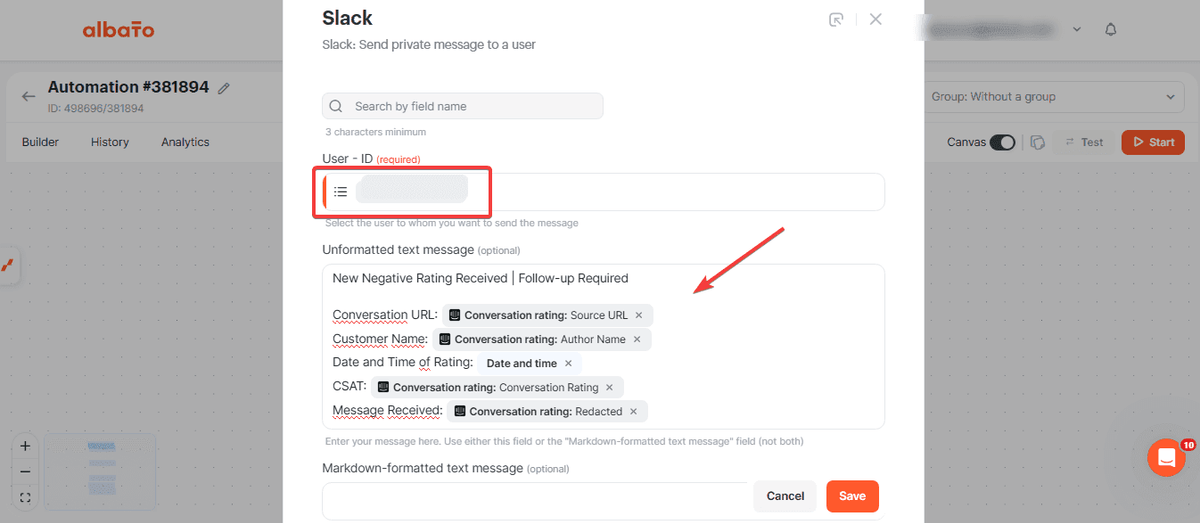 Albato condition step checking whether the Intercom rating contains Bad before sending a Slack alert