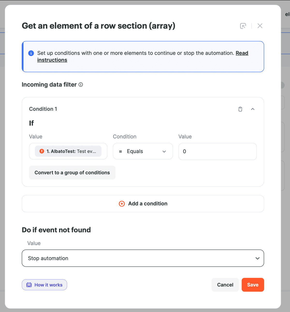 Configure conditions and the action when no element is found
