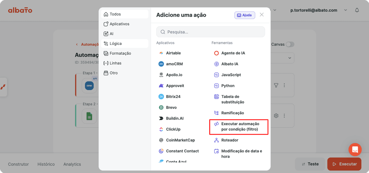 Selecionar a ferramenta Executar automação com condição