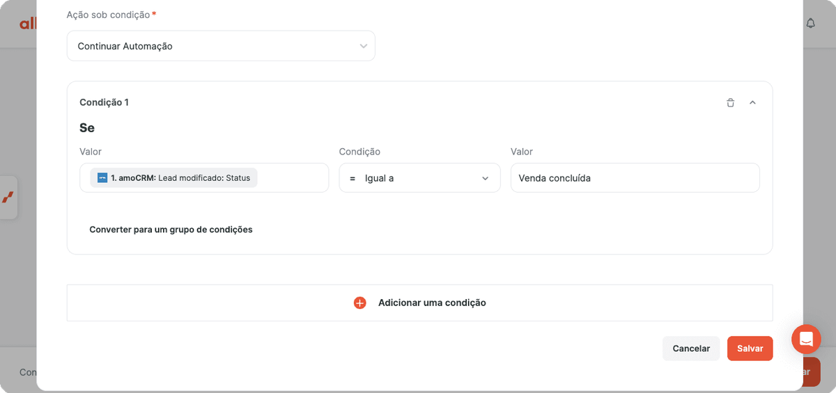 Configurar uma condição para dados do amoCRM
