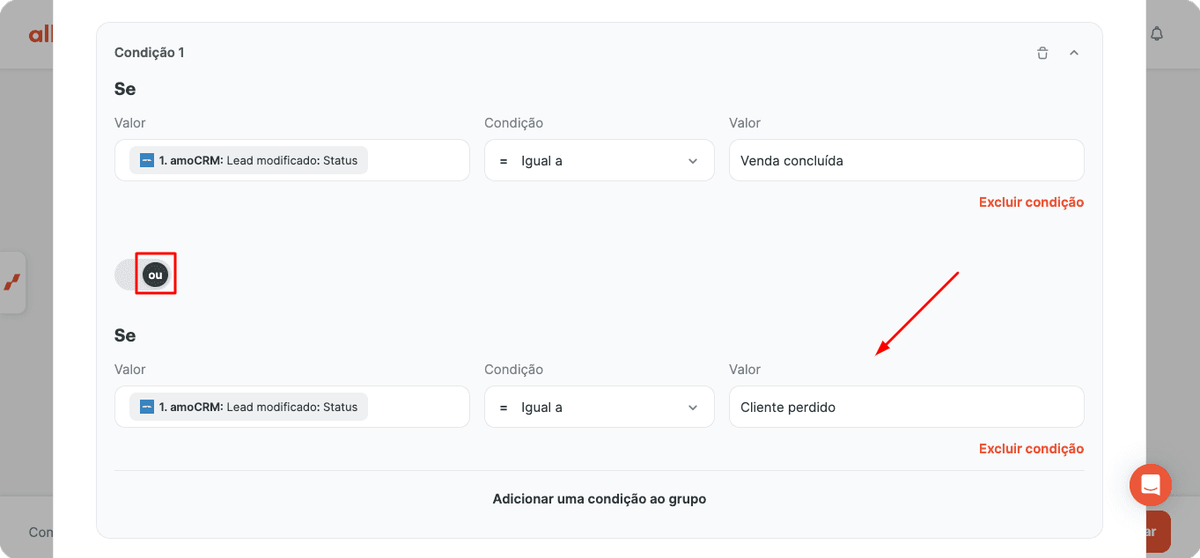 Adicionar uma condição ao grupo