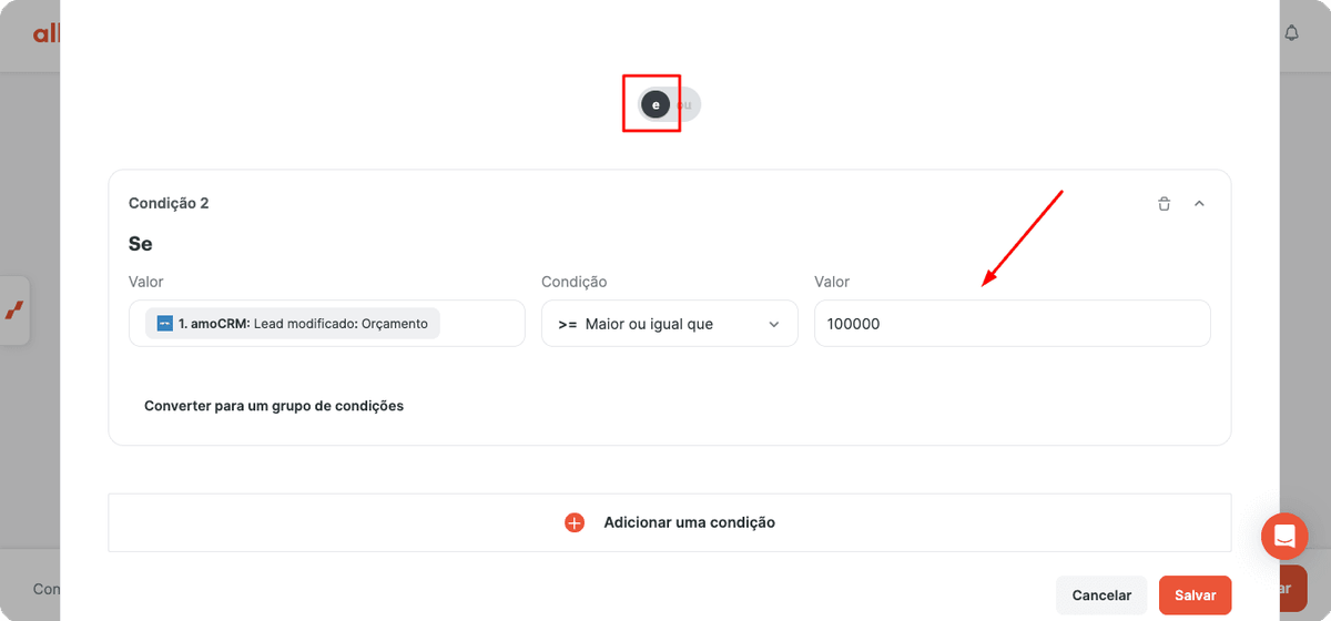 Configurar condições com os operadores OU e E