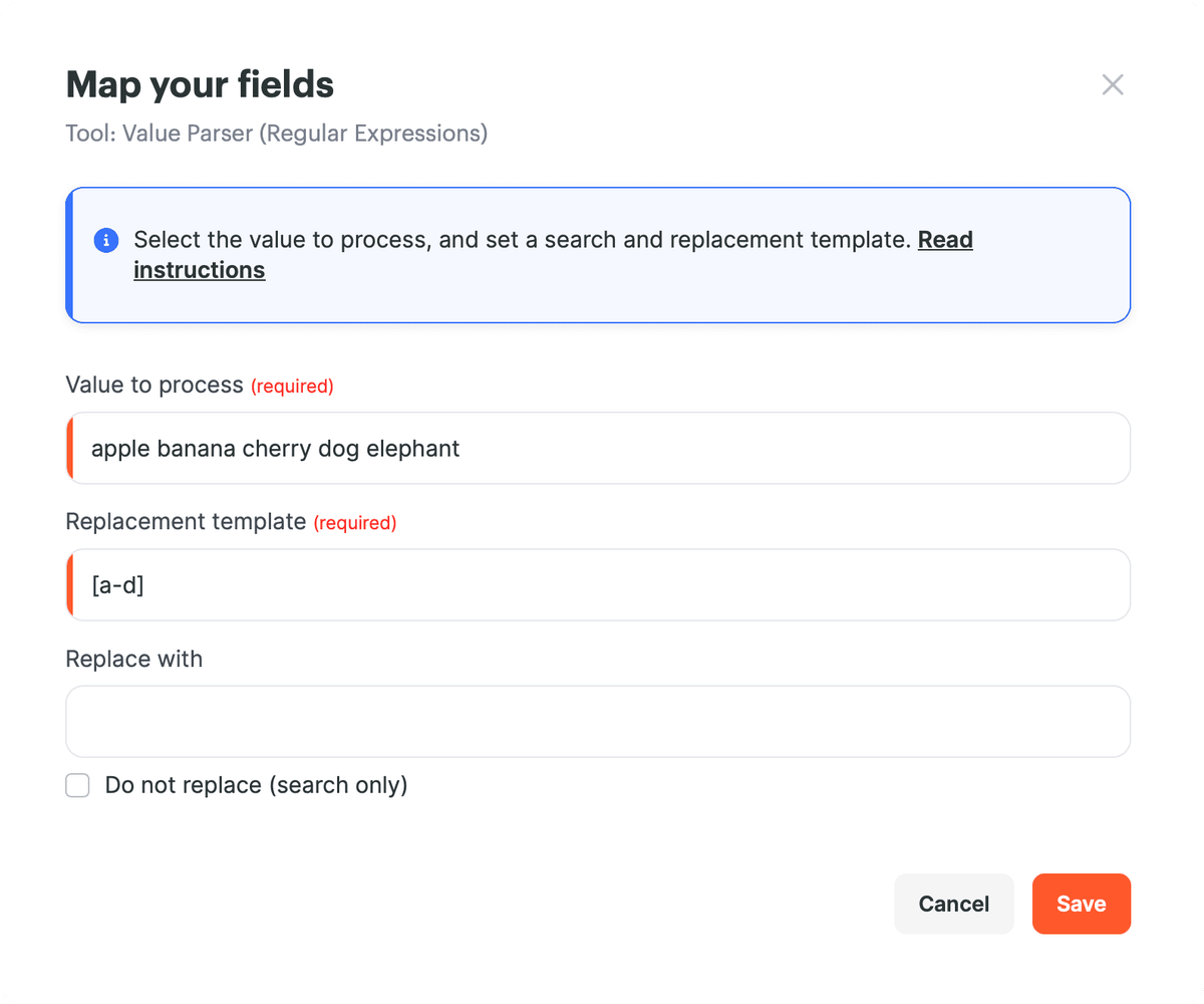 Configurações do Analisador de valores para buscar caracteres de a a d