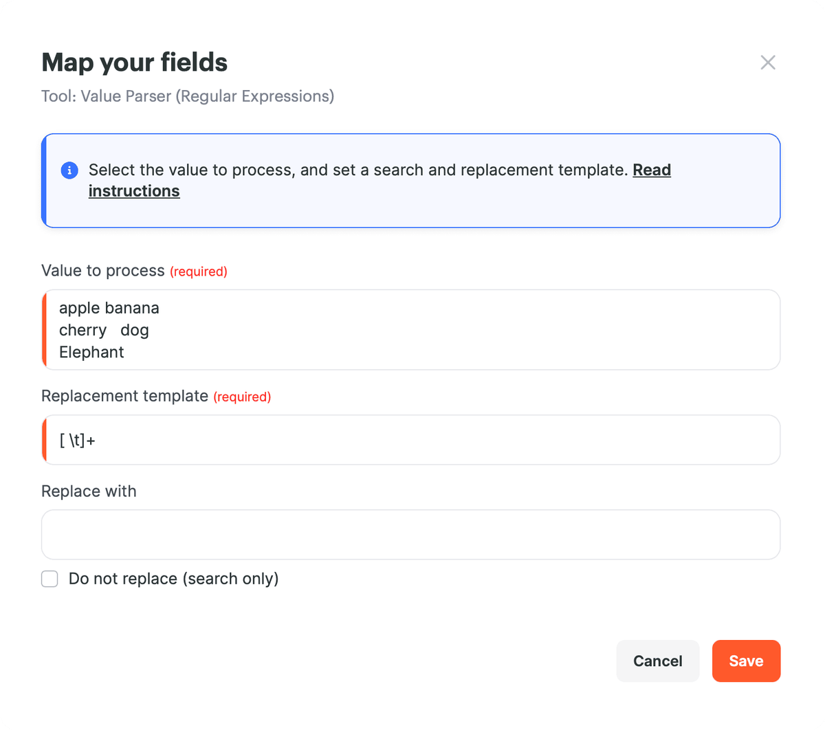 Configurações do Analisador de valores para remover espaços extras