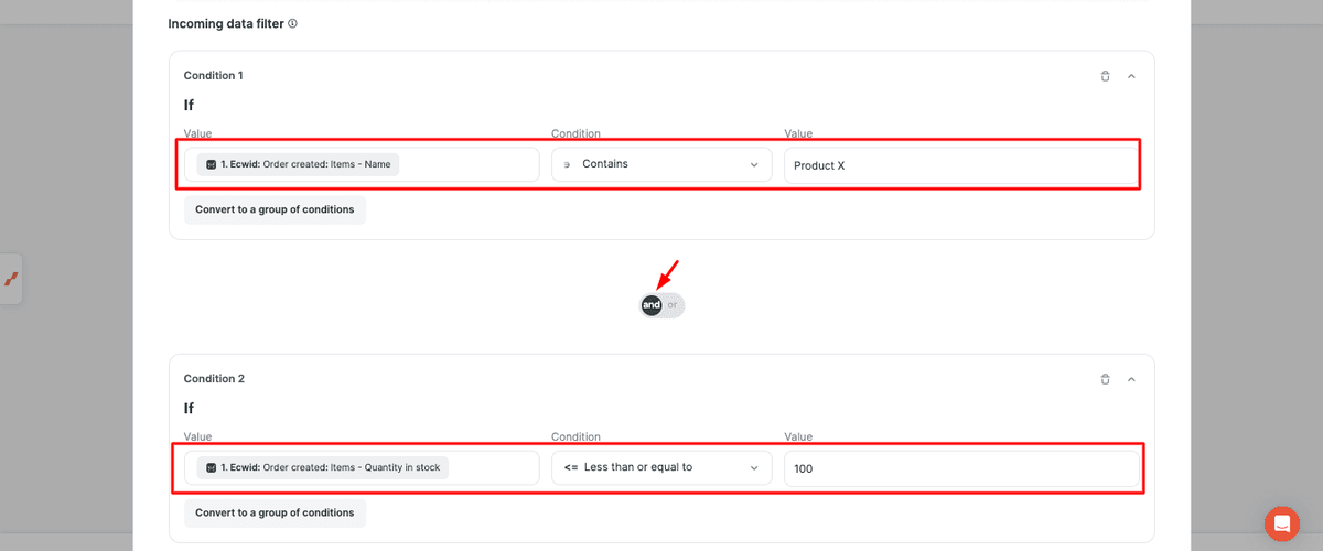 Configure product name and stock conditions