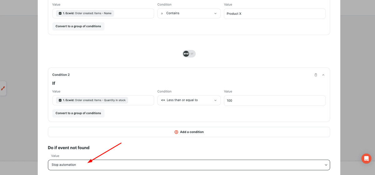 Stop the automation when no matching product is found