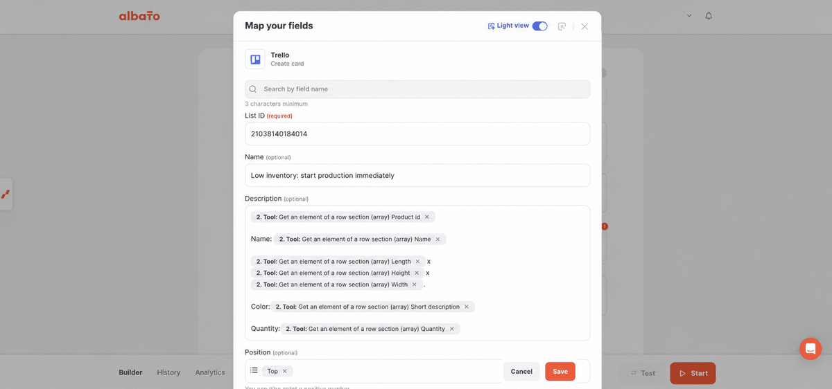 Map the matching product's details to a Trello card