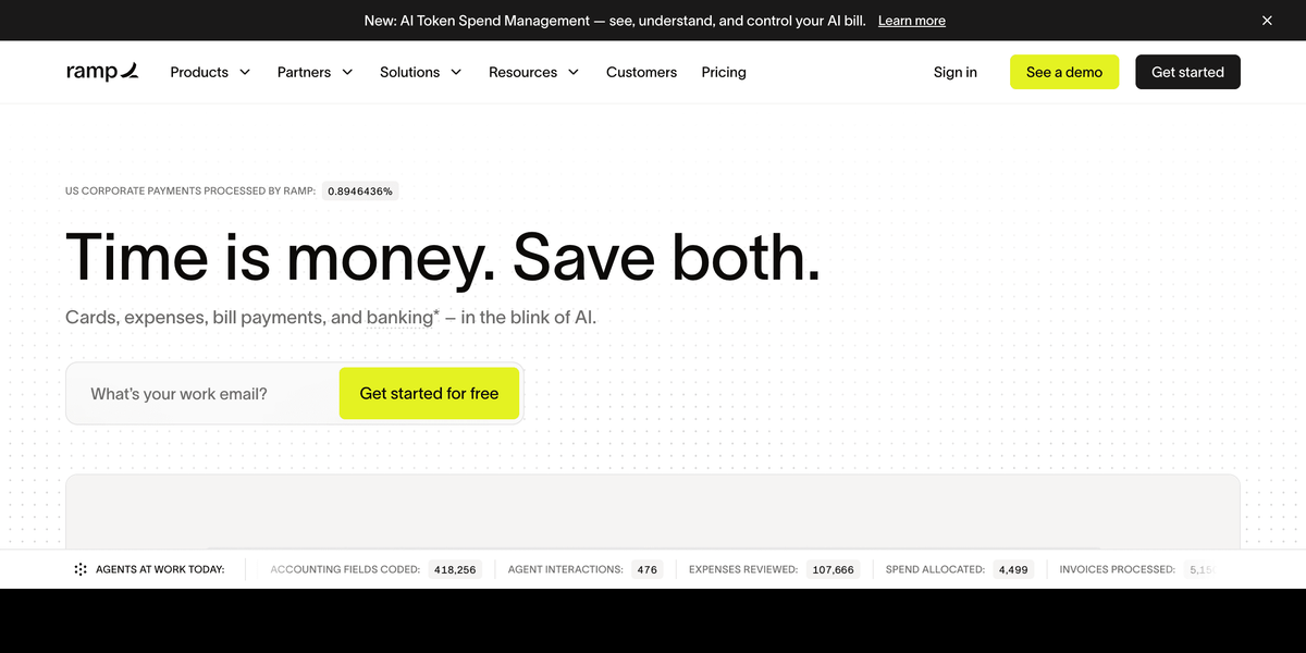 Ramp spend management platform first screen showing the dashboard finance teams use to run cards, expenses, and procurement agents