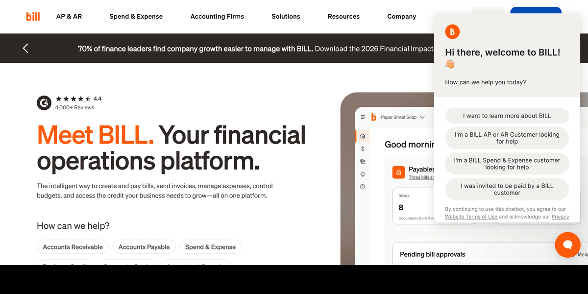 BILL accounts payable and receivable platform first screen showing the SMB interface for coding invoices and running approvals